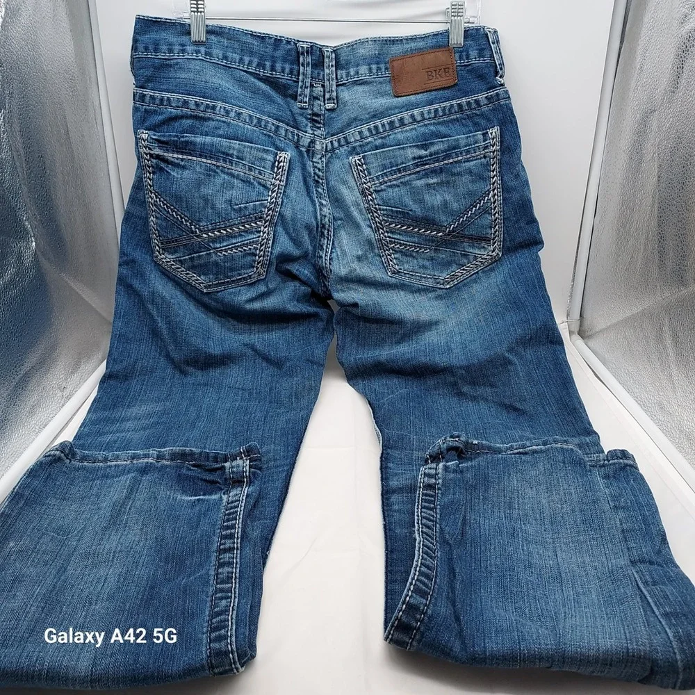 BKE Carter Straight Leg Jeans Mens 34L Medium Wash Denim ABM2724 Heavy Stitch